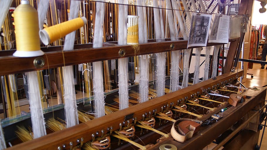 brown weaving machine, loom, silk, bobbin, weave, textile factory, fabric, tissue, jacquard loom, indoors