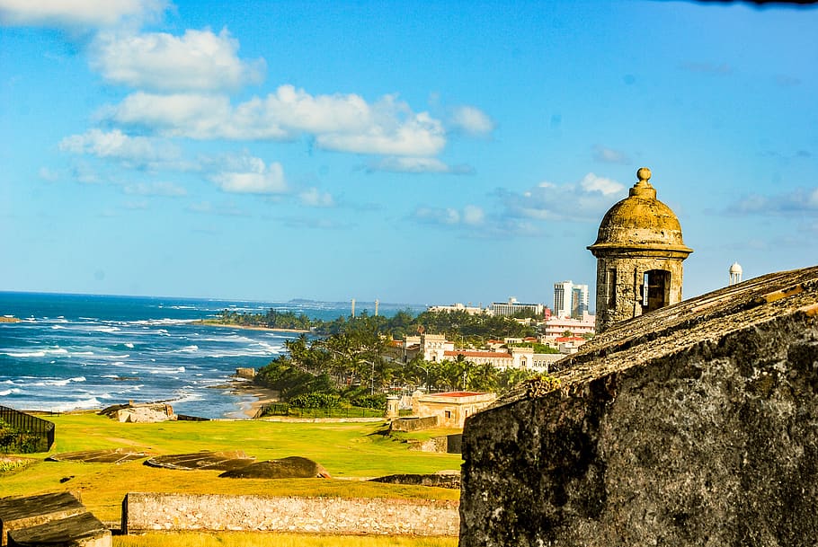 castle, puerto rico, ocean, beach, waves, clouds, fort, landscape, blue, caribbean