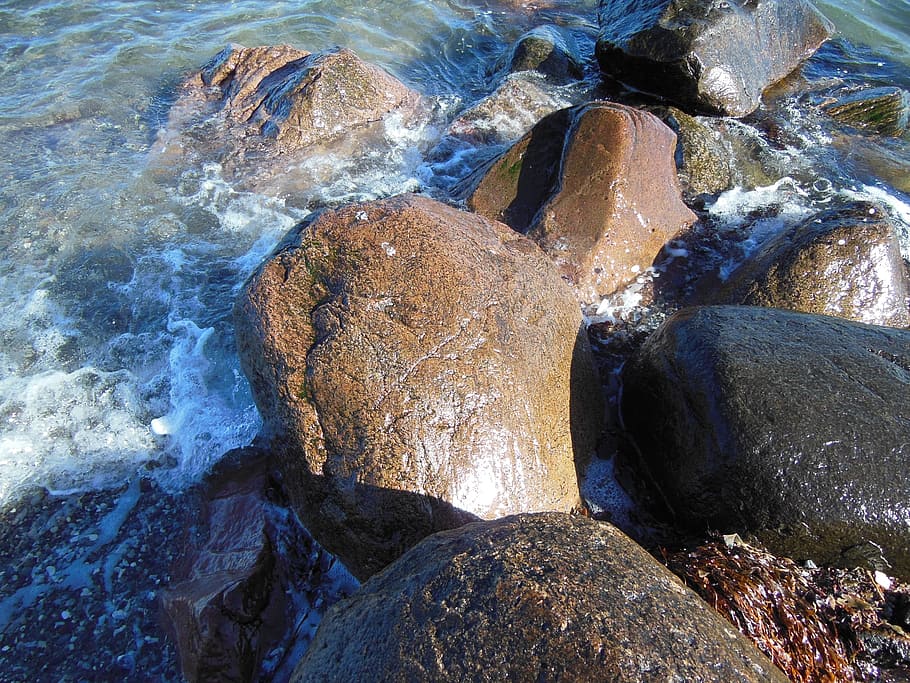 Stone, Breakwater, Detail, Beach, stone breakwater, wet stone, granite, close-up, water, wave foam