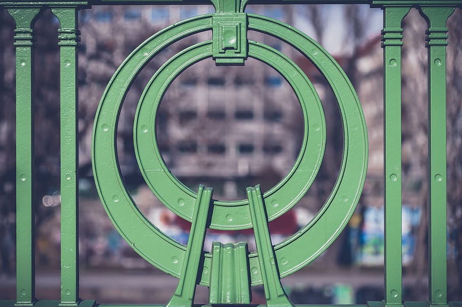 railing, art nouveau, district, green color, focus on foreground, metal, circle, day, close-up, geometric shape