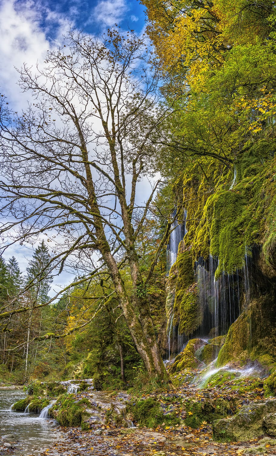 waterfalls, cloudy, sky, veil cases, waterfall, autumn, alpine, beautiful, hiking, moss