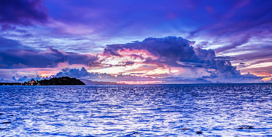 panoramic, photography, sea water, blue, skies, daytime, bora-bora, sunset, clouds, sky