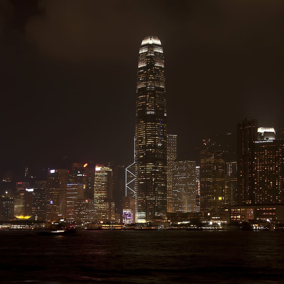 街のスカイライン, 夜間, 風景写真, 香港, 中国, 都市, 高層ビル, スカイライン, 夜, 夕方