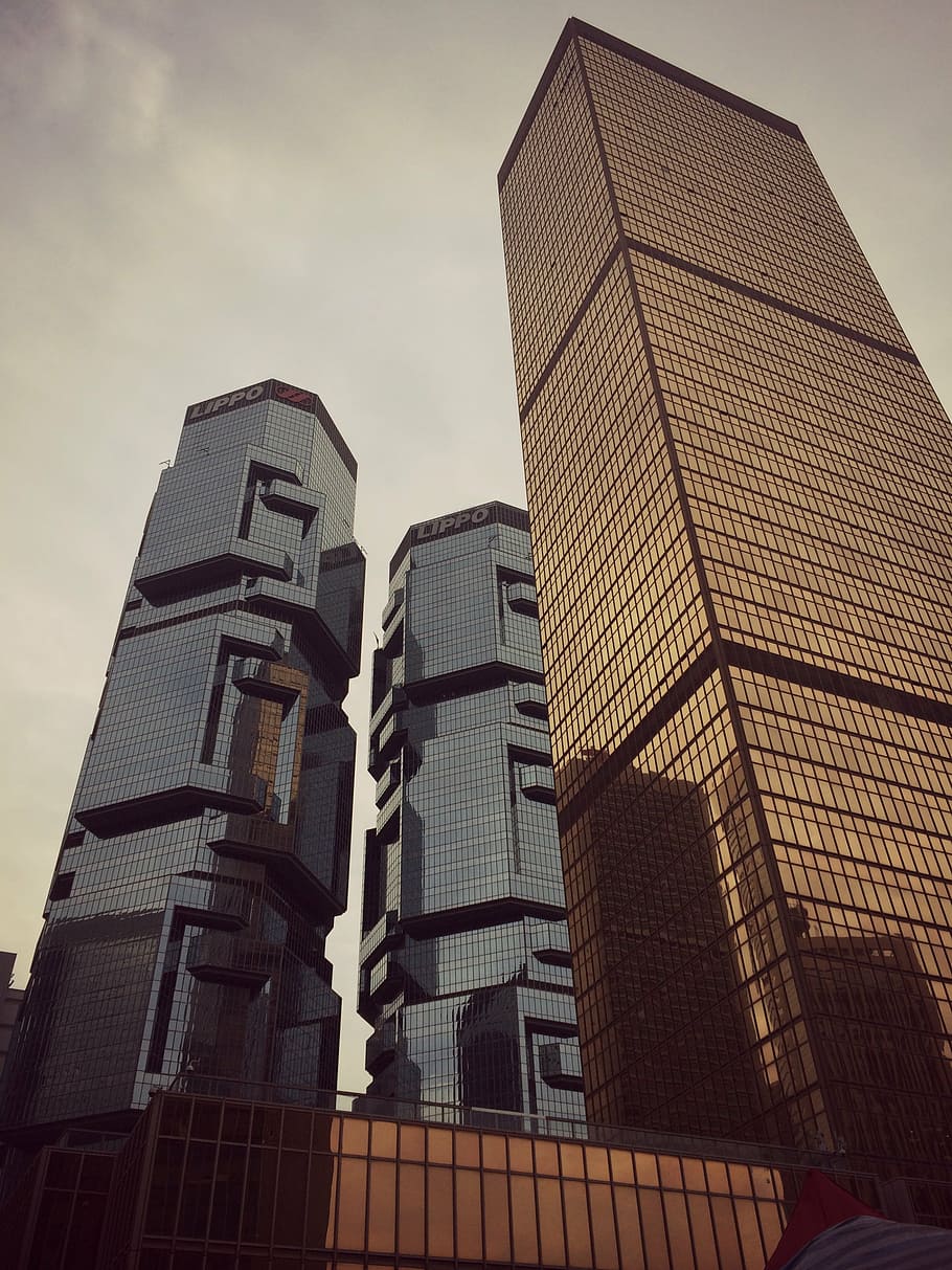 worm, eye view, lippo buildings, three, high, rise, buildings, hong kong, architecture, towers