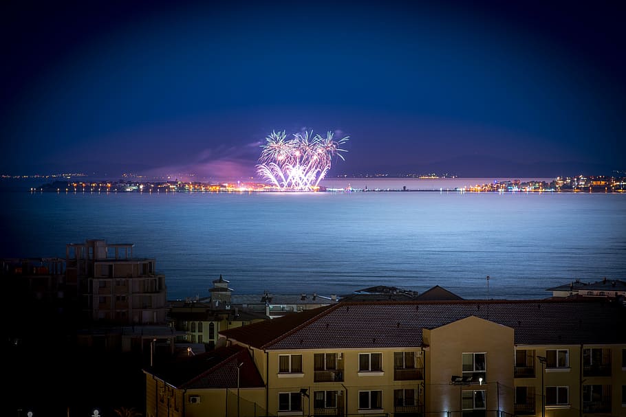 fireworks, body, water, city, near, bay, night, architecture, building, infrastructure