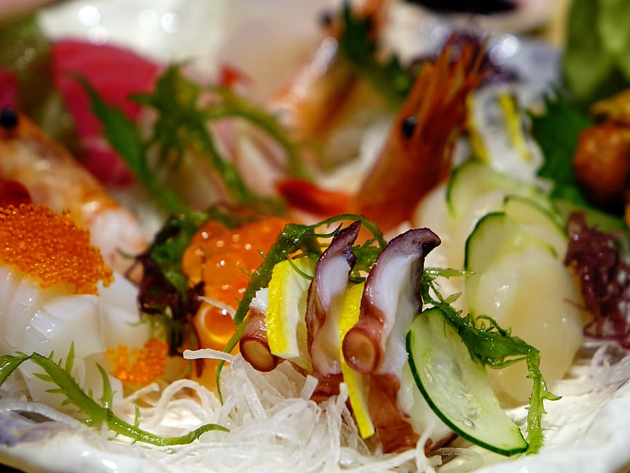 closeup, vegetables, shrimps, squid, sashimi, salmon fish, food, seafood, japanese, raw