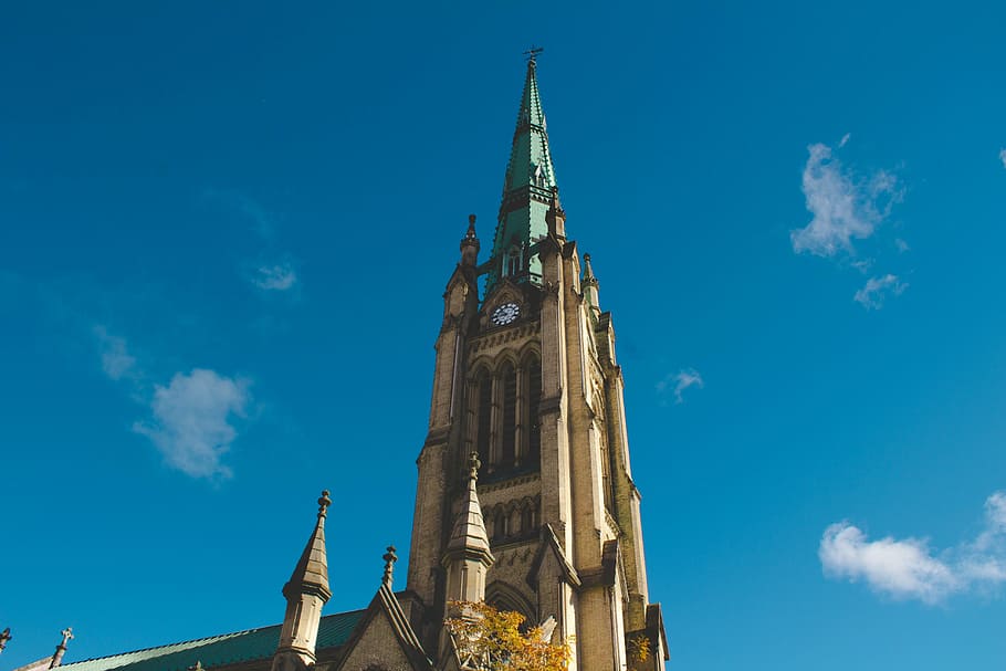 fotografia de baixo ângulo, catedral, calma, azul, céu, vista, relógio, torre, Marco, arquitetura