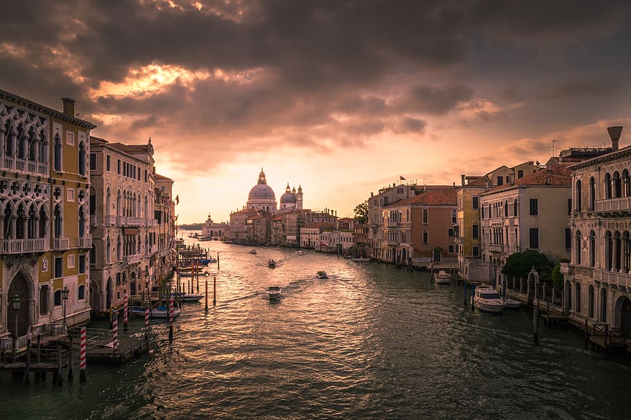 architecture, building, infrastructure, sky, cloud, sunset, canal, water, italy, boat