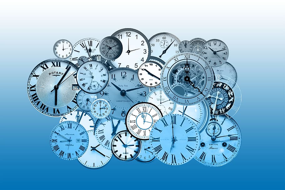 mechanical, analog clock lot, blue, background, time, clock, watches, time of, business, appointment