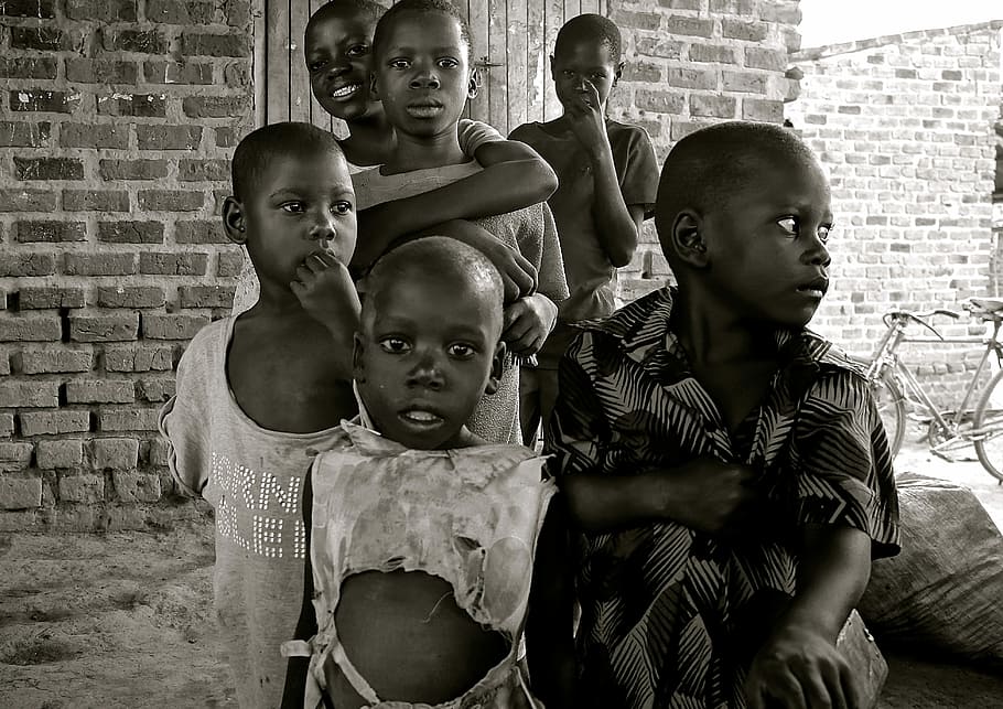 grayscale photo, Children, Uganda, Africa, Poverty, developing country, poverty reduction, living conditions, brick wall, childhood