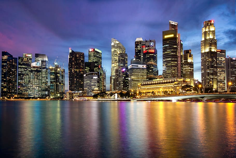 cityscape, night photograph, singapore, marina bay, merlion, bay, asia, marina, city, architecture