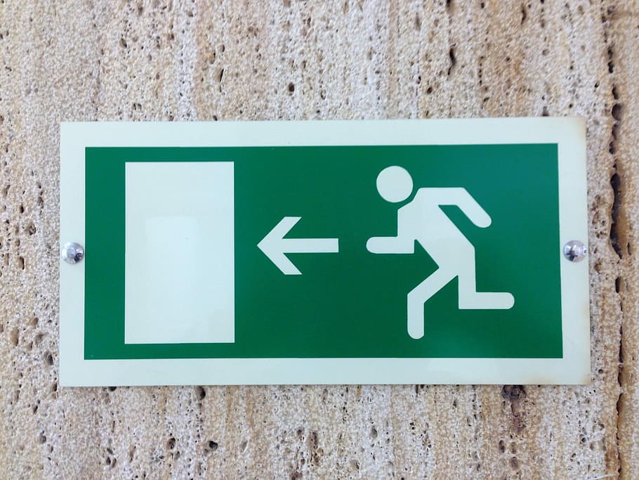 output, escape route, shield, emergency exit, information boards, exit, emergency, arrow, sign, way out