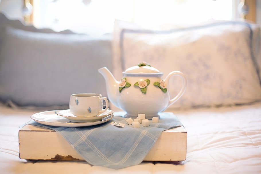 raso, fotografia com foco, branco, cerâmica, bule, ao lado, xícara de chá, chá, bule de chá, bebida