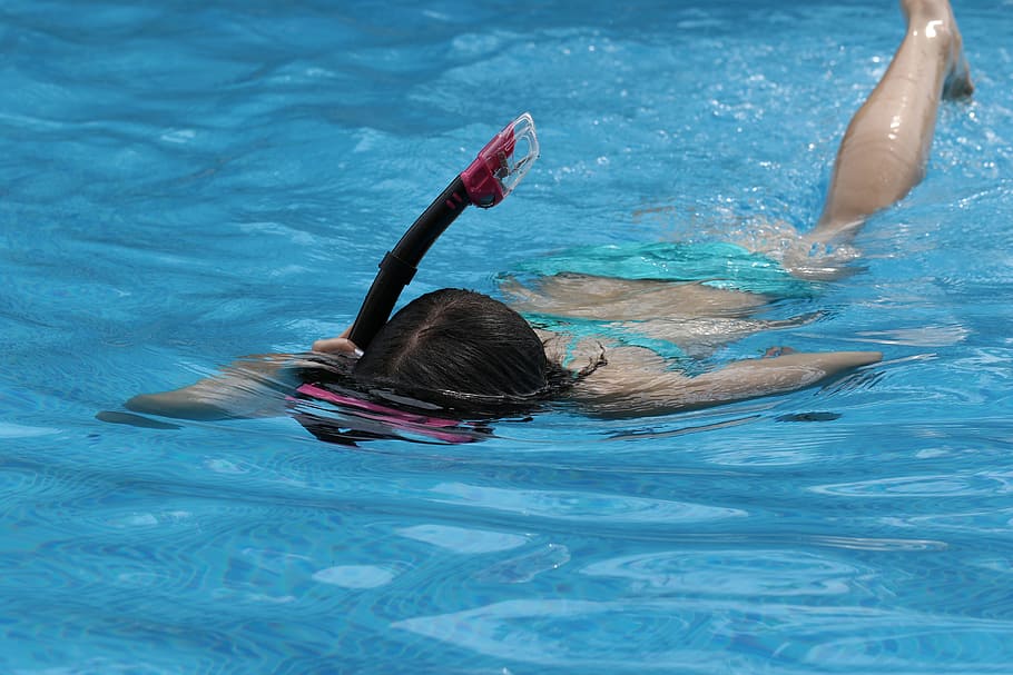 person, using, black, red, snorkel, Pool, Swimming, Diving, Mask, Water, diving