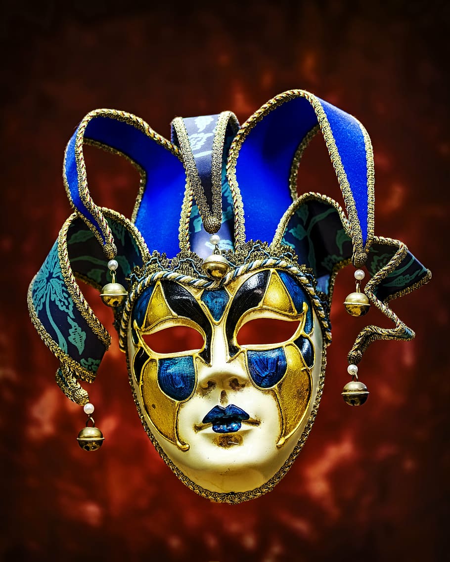 gold, blue, jester mask, selective, focus photography, mask, art, color, venetian, italian
