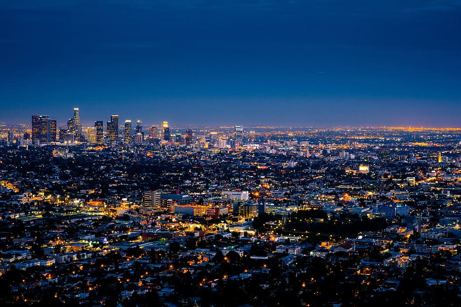 aerial, photography, high, rise buildings, night, city, los angeles, cityscape, skyline, downtown