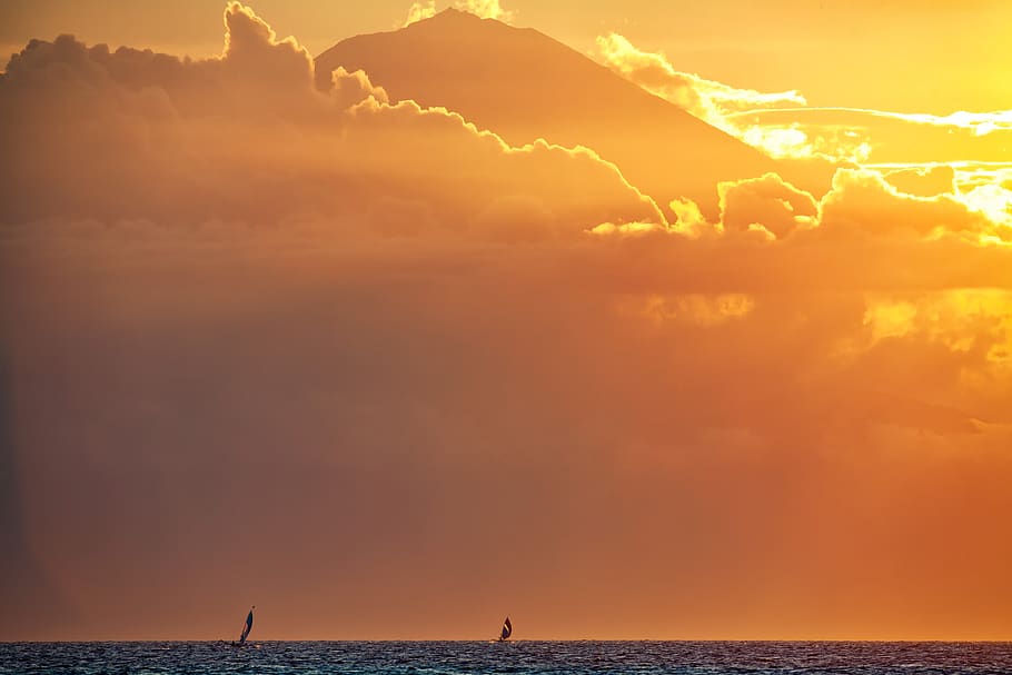 landscape, sea, volcano, agun mountain, sunset, the sail from the boat, phishing, bali, indonesia, water