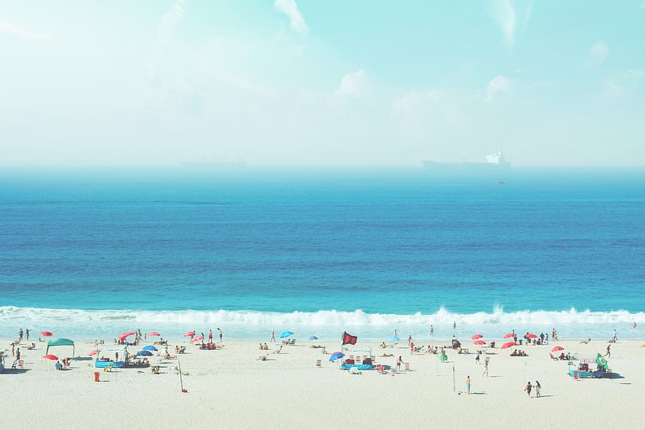 люди, берег моря, дневное время, белый, песок, пляж, Синий, воды, зонтики, небо
