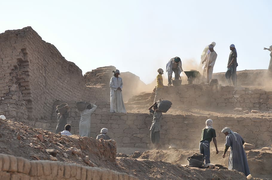 grupo, homens, trabalhando, carregando, cesta, durante o dia, Egito, Templo, Hieróglifos, Faraó