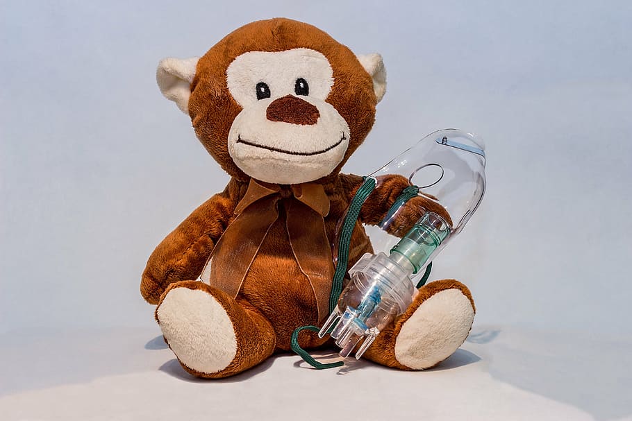 brown, monkey, plush, toy, inhalation, inhalation mask, aerosol, aerosol mask, respiratory mask, nebulizer