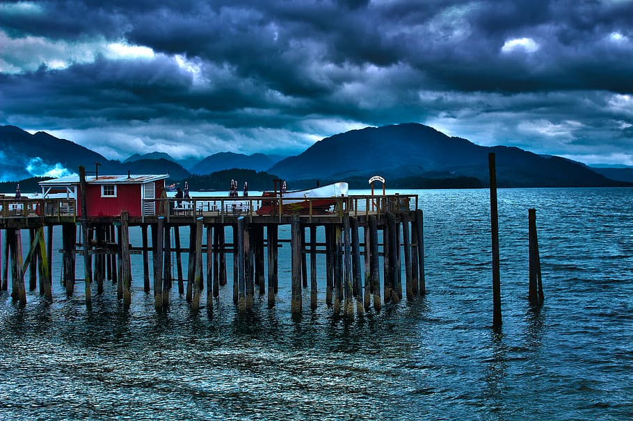 docks, moody, blue, ocean, cast, fishing, hdr, harbour, water, cloud - sky