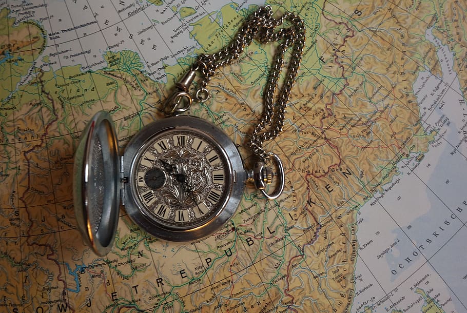 pocket watch, clock, map, still life, guidance, direction, indoors, navigational compass, antique, world map