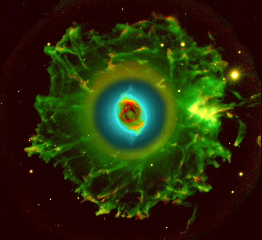 verde, cerceta, amarelo, gráfico, arte, gato, nebulosa ocular, ngc 6543, arte gráfica, nebulosa olho de gato