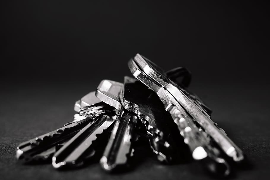 fotografía en escala de grises, pila, llaves, llave, cerradura, metal, nadie, bala, arma, en el interior