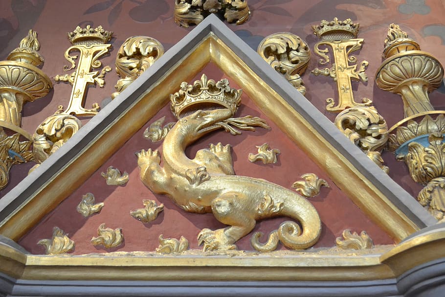 Salamander, Emblem, Monogram, emblem of king, crown, château de blois, monogram of françois i, blois, triangle, statue