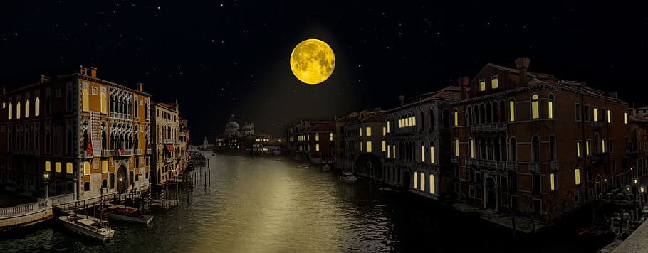 fullmoon, night time, travel, architecture, tourism, venice, channel, water, city, building