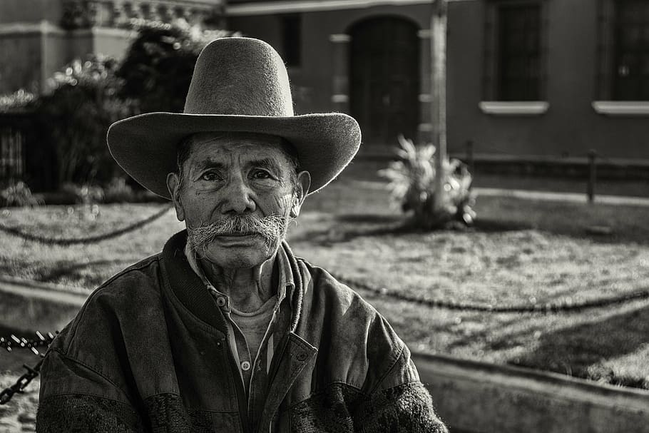 man, wearing, brown, cowboy hat, people, white, black, black background, garden, black and white photo