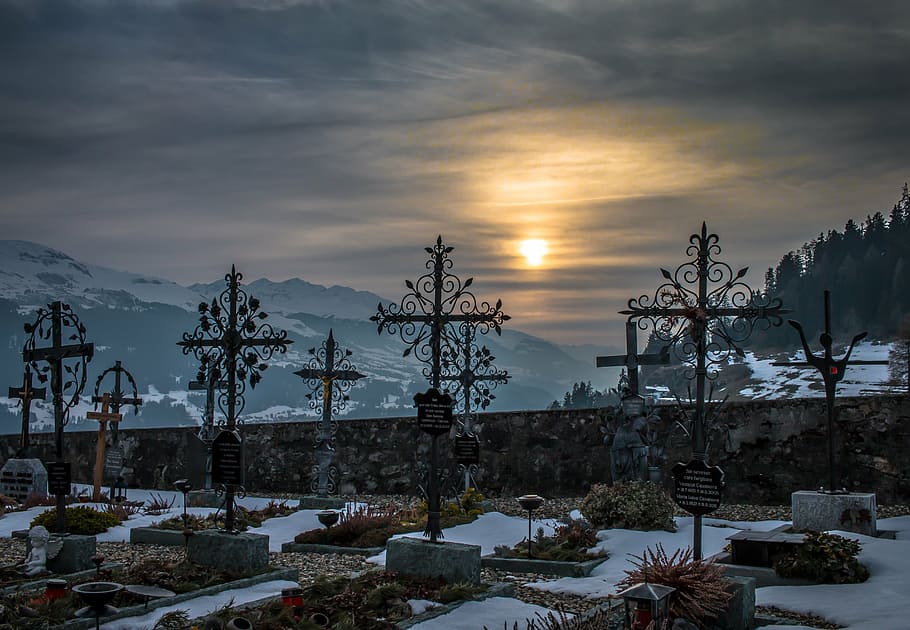 snow filled thombs, cemetery, sunset, snow, mountains, winter, graveyard, old, switzerland, grave