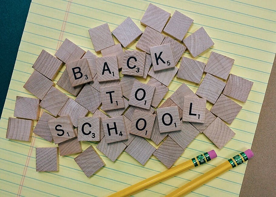 brown, scrabble tiles, yellow, paper, two, pencils, back to school, school, education, pencil