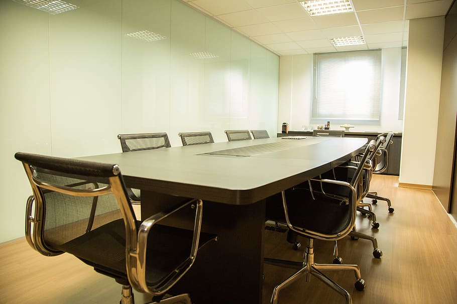 rectangular, gray, wooden, chairs, Table, Office, Work, Interior Design, office, work, meeting room