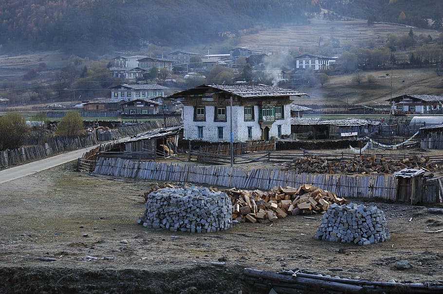 チベット, 家, 村, 早朝, 建築, 建造物, 建物外観, 建物, 自然, 環境