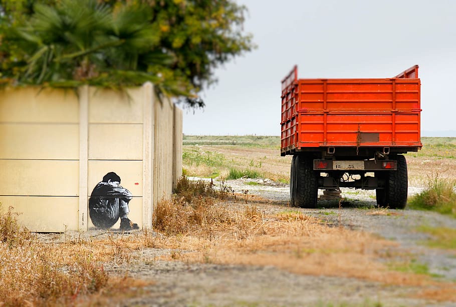 orange, dropside truck, fence, sad, alone, lonely, leave, thoughtful, miss, person