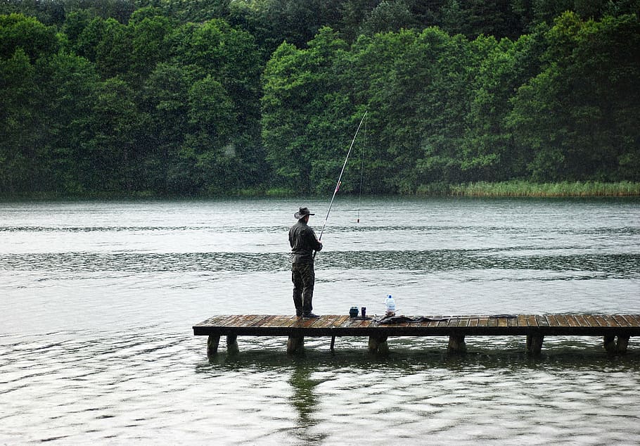 hombre pesca, muelle, durante el día, pescador, lluvia, caza, pesca, captura, Polonia, agua