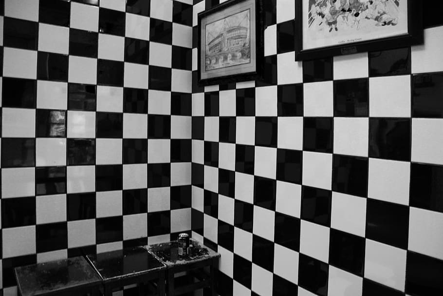 black, white, checkered wall, paintings, Squares, Black And White, Tiles, Cafe, black and white tiles, sitting area