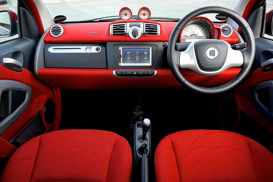 red, gray, vehicle, interior, car, auto, automobile, transport, dashboard, wheel