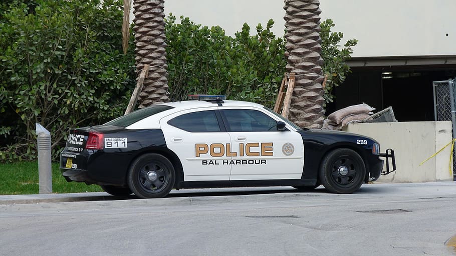 parked, white, black, police sedan, daytime, Florida, Miami, Police, Auto, Park, Road, miami