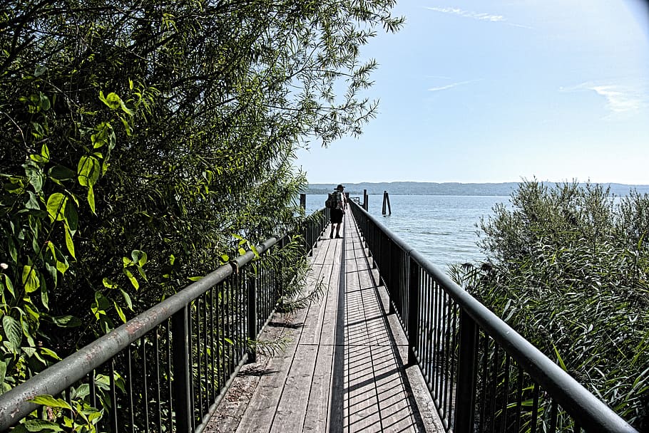 perspective, jetty, water, web, ammersee, plant, tree, nature, railing, direction