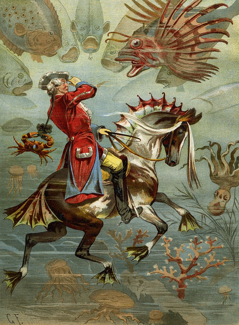 man, riding, horse illustration, baron munchausen, he rode on the seahorse, tall tales, storyteller, fairy tales, liar, lie