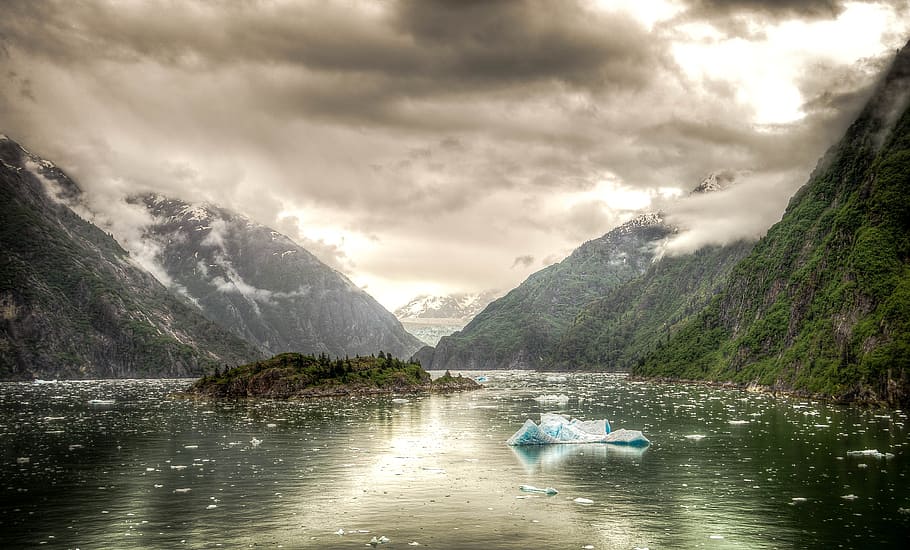 body, water, green, mountains, cloudy, sky, tracy arm fjord, alaska, juneau, scenic