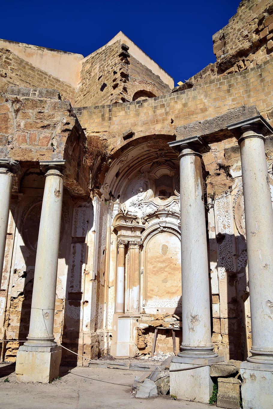 columnar, ruin, destroyed, church, old, lapsed, sicily, mazara del vallo, st ignazio, sky