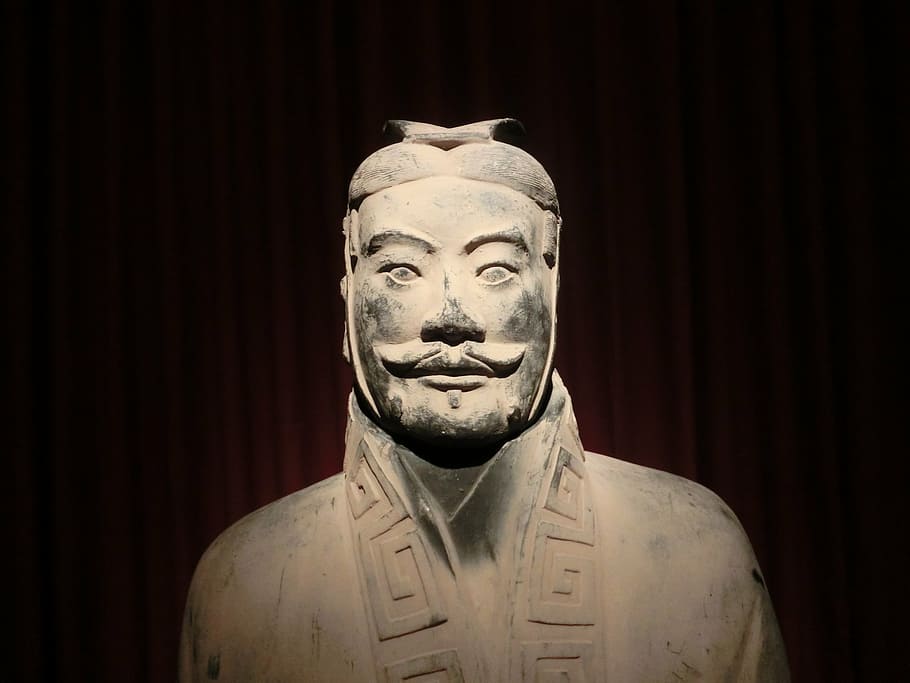 close-up photo, man, concrete, statue, xian, warriors, old, museum, china, sculpture
