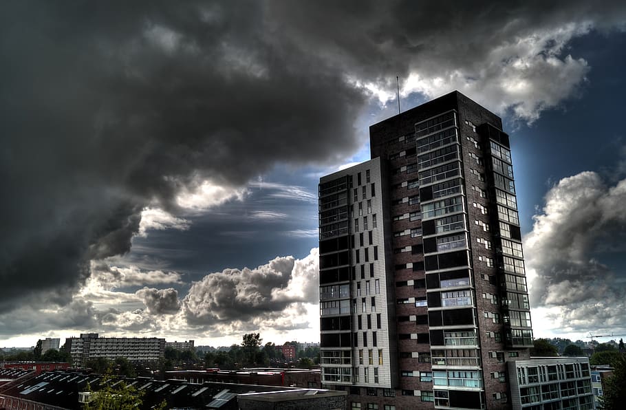 buildings, highrise, city, tower, sky, clouds, hdr, building exterior, architecture, built structure