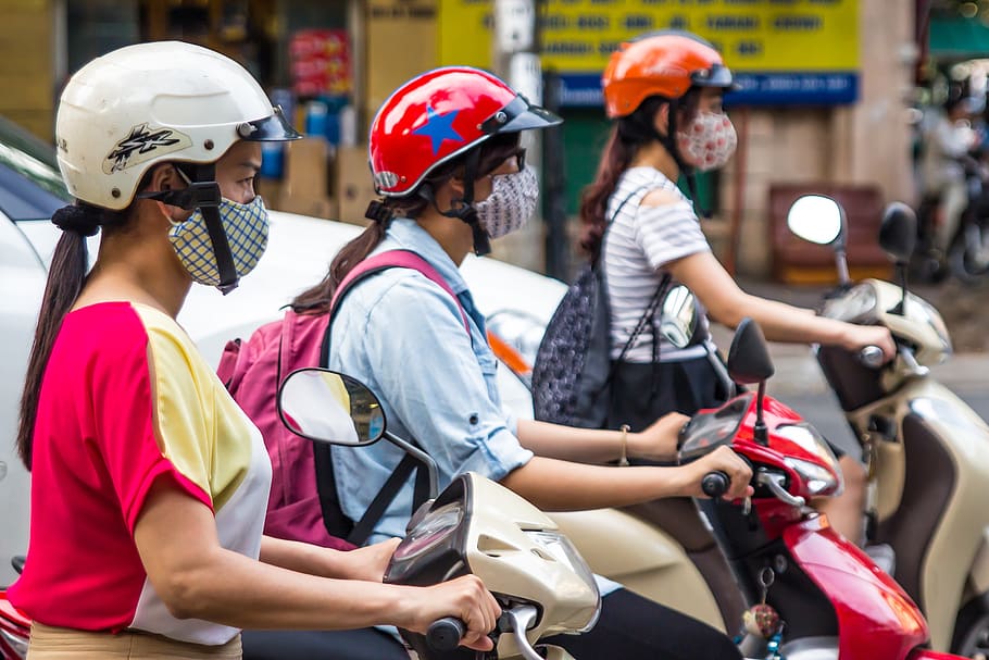 scooter, helmet, mask, girls, three, vietnam, hanoi, urban, asia, transportation
