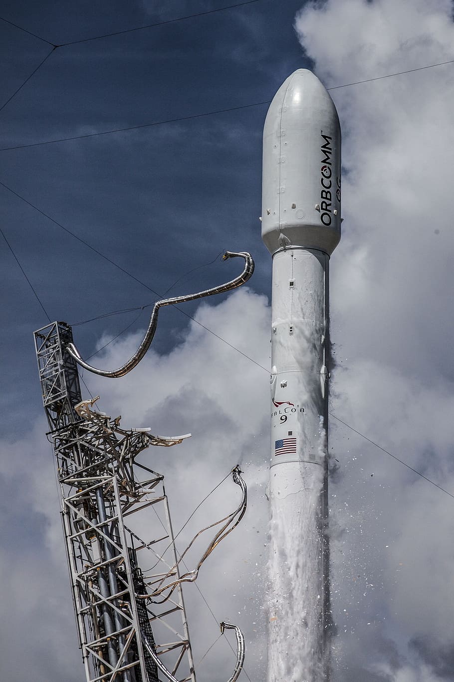 white obrcomm rocket, Rocket Launch, Spacex, Lift-Off, launch, flames, propulsion, space, rocket, speed
