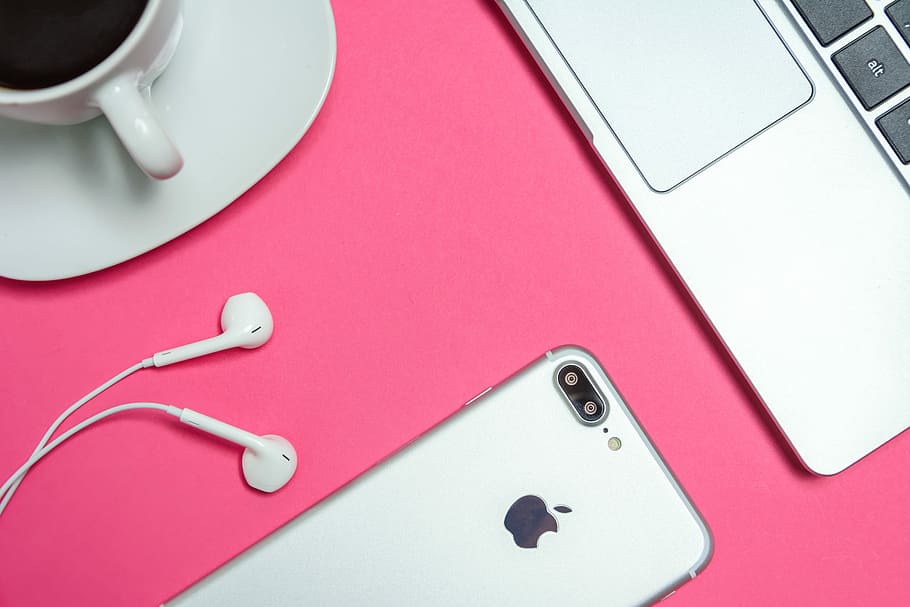 silver iphone 7, plus, cup coffee, macbook, place of work women, modern office, gadgets, woman, pink, iphone
