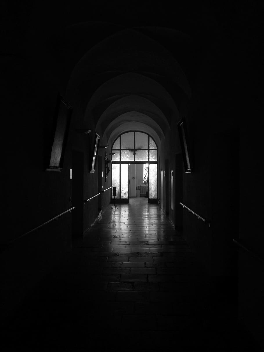 grayscale photo, corridor, grayscale, monastery, cloister, historically, arch, architecture, dark, contrast